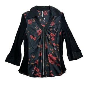 Vtg Y2K Jrs 3 Top Boho Fairycore Whimsigoth Witchy Steampunk Black Floral Zip Up